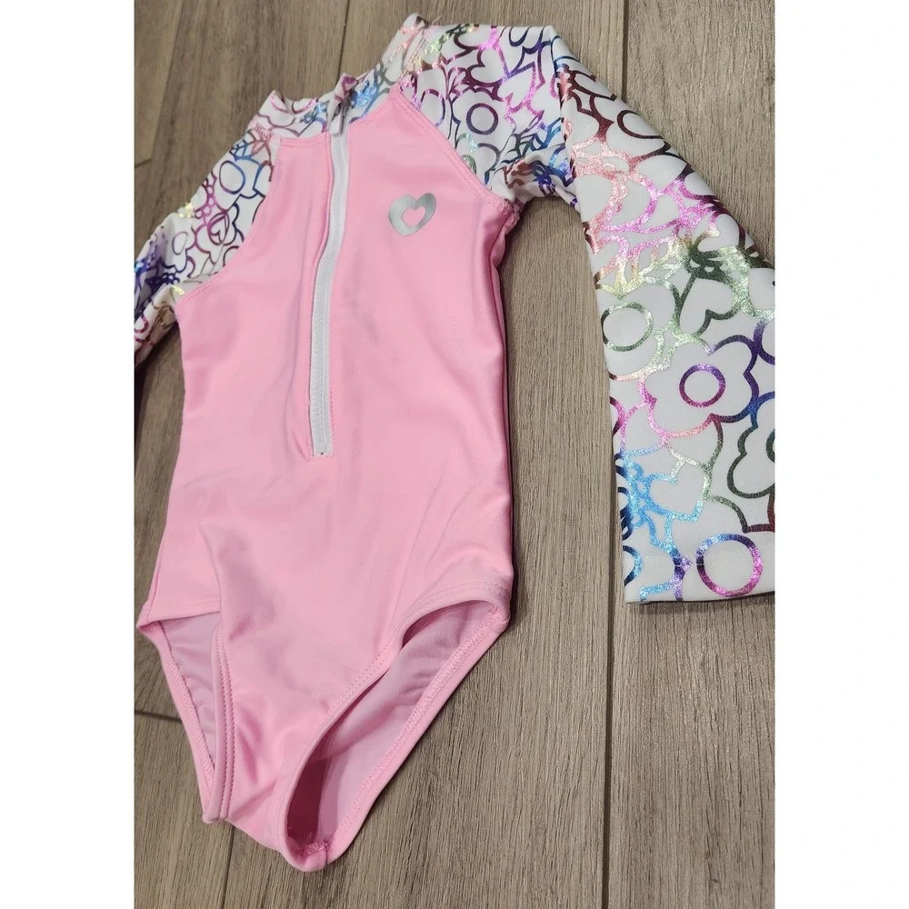 Toddler Girls Pink Hearts Flowers One Piece Swimsuit Rash‎ Guard Size 2T